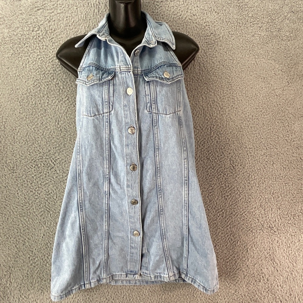 Zara Mini Dress Womens M Light Blue Denim Halter Retro Coastal Open Back 90s Y2K